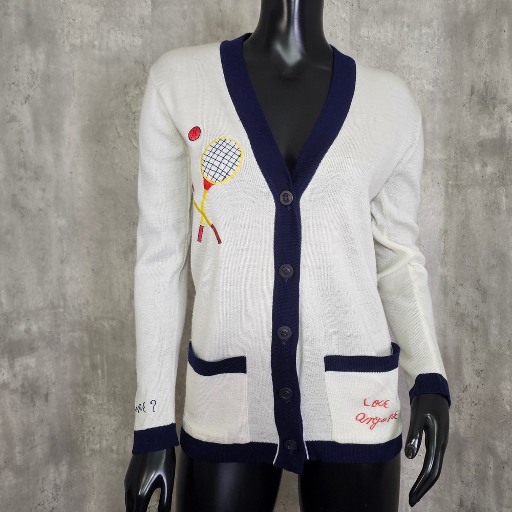 Vintage Rochelle California Tennis Cardigan Cream Navy Embroidered Kitschy Chic